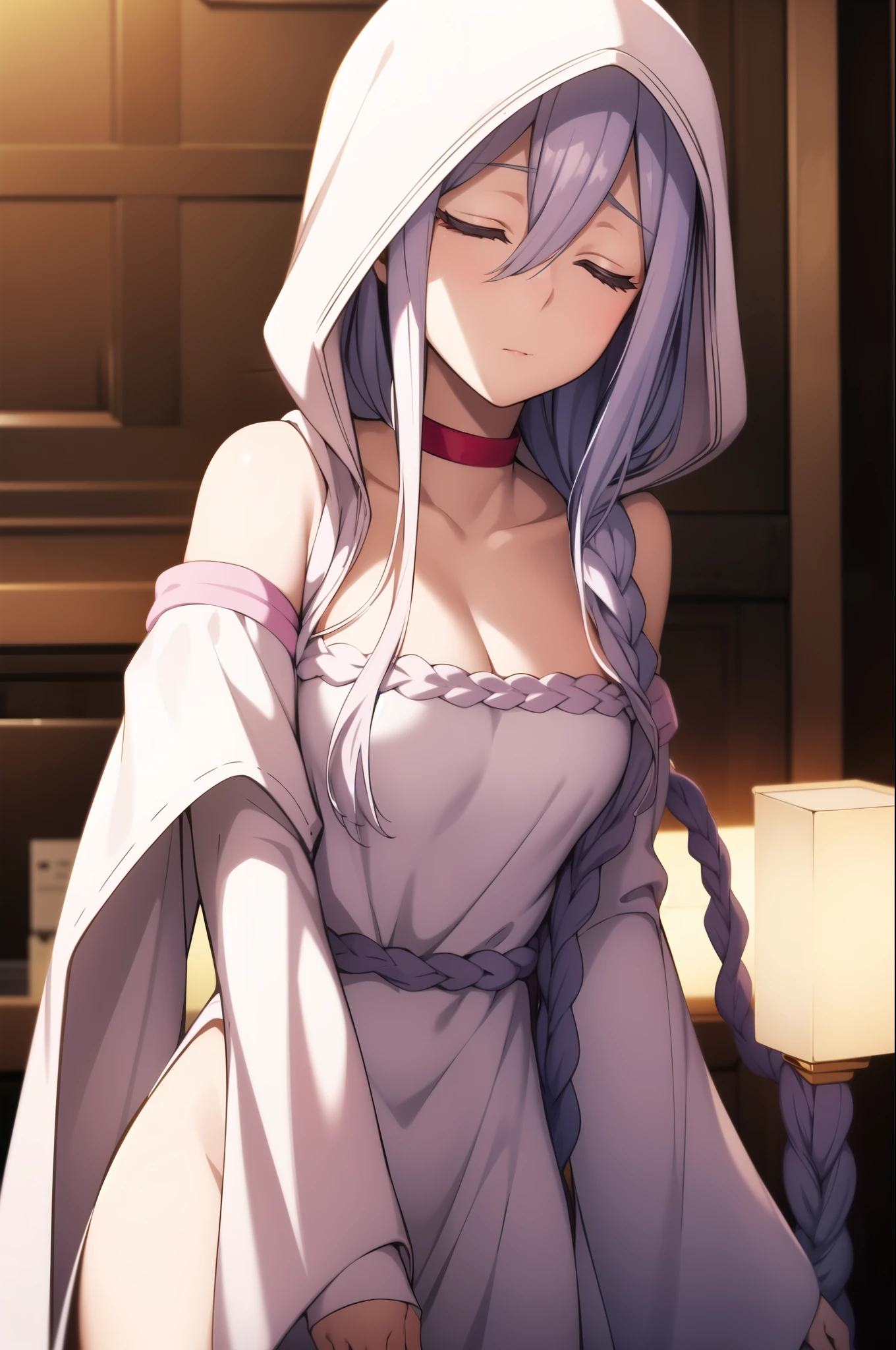 ç½ç»,1girl,expressionless,long braid,hair over shoulder,colored eyelashes,closed eyes,
ç½,white hood,hood up,red choker,bare shoulders,cleavage,white dress,detached sleeves,long sleeves,wide sleeves,nsfw,, 20yo,Young female,Beautiful Finger,Beautiful long legs,Beautiful body,Beautiful Nose,Beautiful character design, perfect eyes, perfect face,expressive eyes,
looking at viewer,
official art,extremely detailed CG unity 8k wallpaper, perfect lighting,Colorful, Bright_Front_face_Lighting,shiny skin, 
(masterpiece:1.0),(best_quality:1.0), ultra high res,4K,ultra-detailed,
photography, 8K, HDR, highres, absurdres:1.2, Kodak portra 400, film grain, blurry background, bokeh:1.2, lens flare, (vibrant_color:1.2), (beautiful_face:1.5),(narrow_waist), ,NSFW,