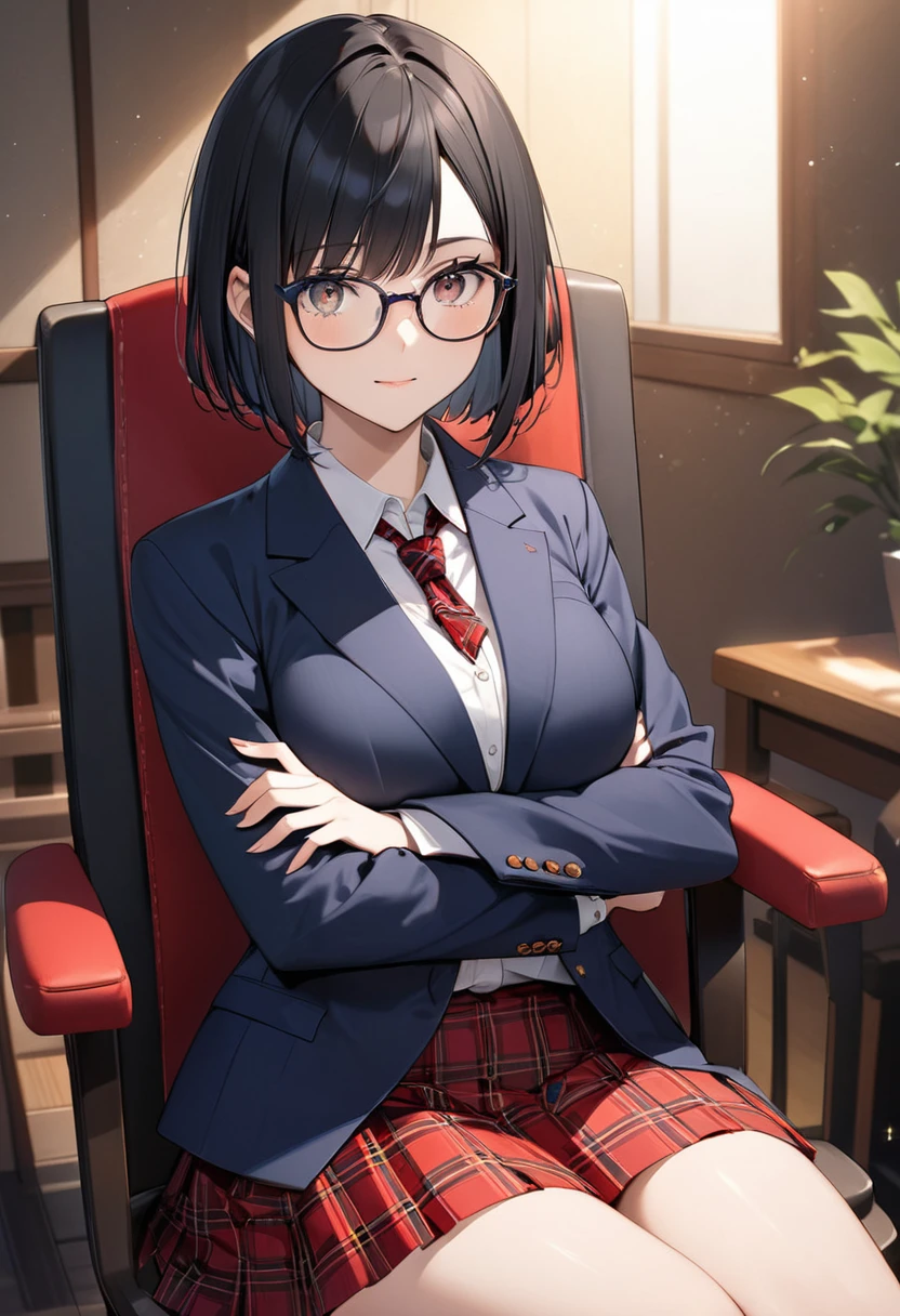 (Beautiful 18 year old Japanese woman), Cute Face, Navy Blue Blazer,Ribbon tie,Red tartan check skirt, Glasses,(Deeply chiseled face:0.7), (freckles:0.6), Soft Light,Healthy white skin, Black Hair,Bobcut,, (Sparkling eyes), thin,Very large breasts,,crossed arms,Sitting in a chair