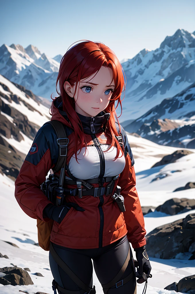 Redhead woman, Mountaineering equipment, Mountain climbing, close, (Muddy:0.6), Shallow depth of field, Very detailed, big budget hollywood movie, Bokeh, CinemaScope, amazing, nice, Film Grain,nsfw