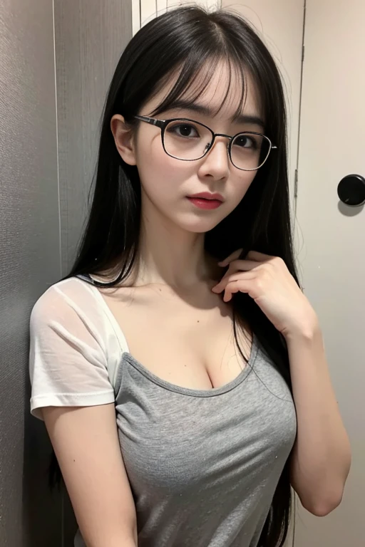 ((Melancholic expression))、((Sad face))、((Angry face))、((Crying face))、(Long black hair)、(Parting the bangs)、((Wearing glasses))、15-year-old girl,  (Thin eyebrows), Oversized T-shirt, Grey T-shirt, Wet T-shirt, (Huge breasts), ((avert your eyes)), Symmetrical eyes, Upper Body, Washroom, Wet clothes, (Cleavage)