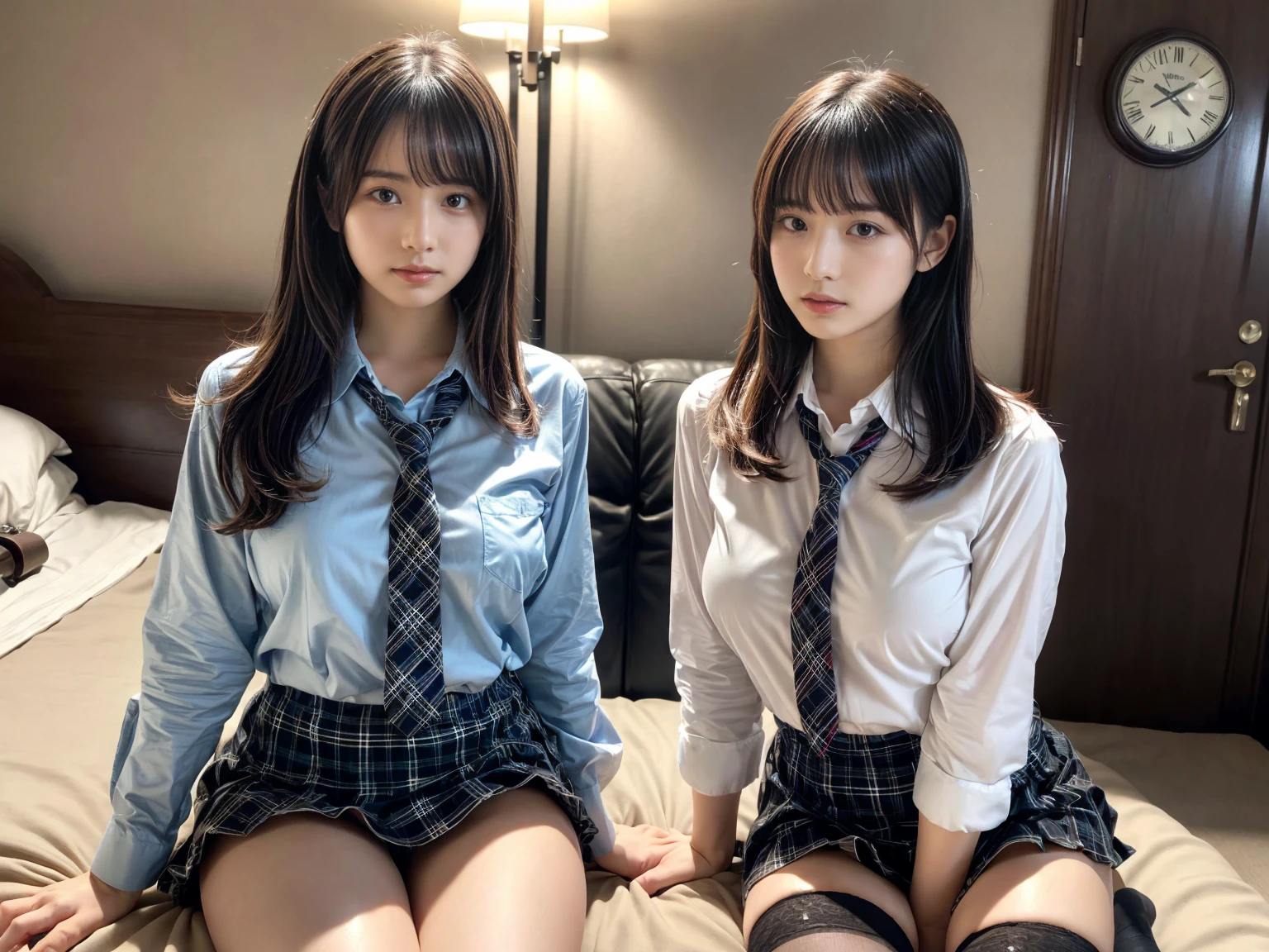 masterpiece, best quality, illustration, Super detailed, fine details, High resolution, 8K,wall paper, perfect dynamic composition,(Details High quality, realistic depiction of eyes:1.3), (2 girls), (white school shirt :1.2), (plaid skirt :1.3), tie black, black thigh-high stockings, sitting, open legs, short bob hair, in a hotel room in the background, deep on field, large breasts, black hair color, Big Natural Color Lip, (perfect body shape), crying a little、Harajuku style、20 year old girl、cute type、beautiful legs, Gravure Idol