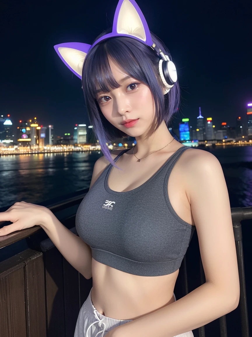最high quality, masterpiece, 32K、Very detailed、Realistic、1 girl, Japanese women、Cute Face, (photo Actual:1.3),Bob Hair(Blue-violet hair color、Amazing blue and purple hairstyles)、Edge lighting, (Skin with attention to detail:1.2), 8k超High resolution, Single-lens reflex camera, high quality, High resolution, 4K, 8k, Optimal ratio of four fingers to one thumb, (Actual:1.3), cute 1 girl, Realistic、Super Realistic、32K、Very detailed、masterpiece, 最high quality, beautiful girl, beauty、Mecha, Beautiful lighting, (Neon Light:1.2), (night:1.5), K-Pop Idol Costumes、Grey Calvin Klein sports bra、Grey sports bra、Shorts、Large Breasts(big 、There is a valley)、Cat ears microphone headphones(Headphones Gaming Headgear with Mic、Head Fan)、Are standing、Cyber Neon、Future City、Skyscraper、都会のnight、Shanghai、big cities、night景、綺麗なnight景