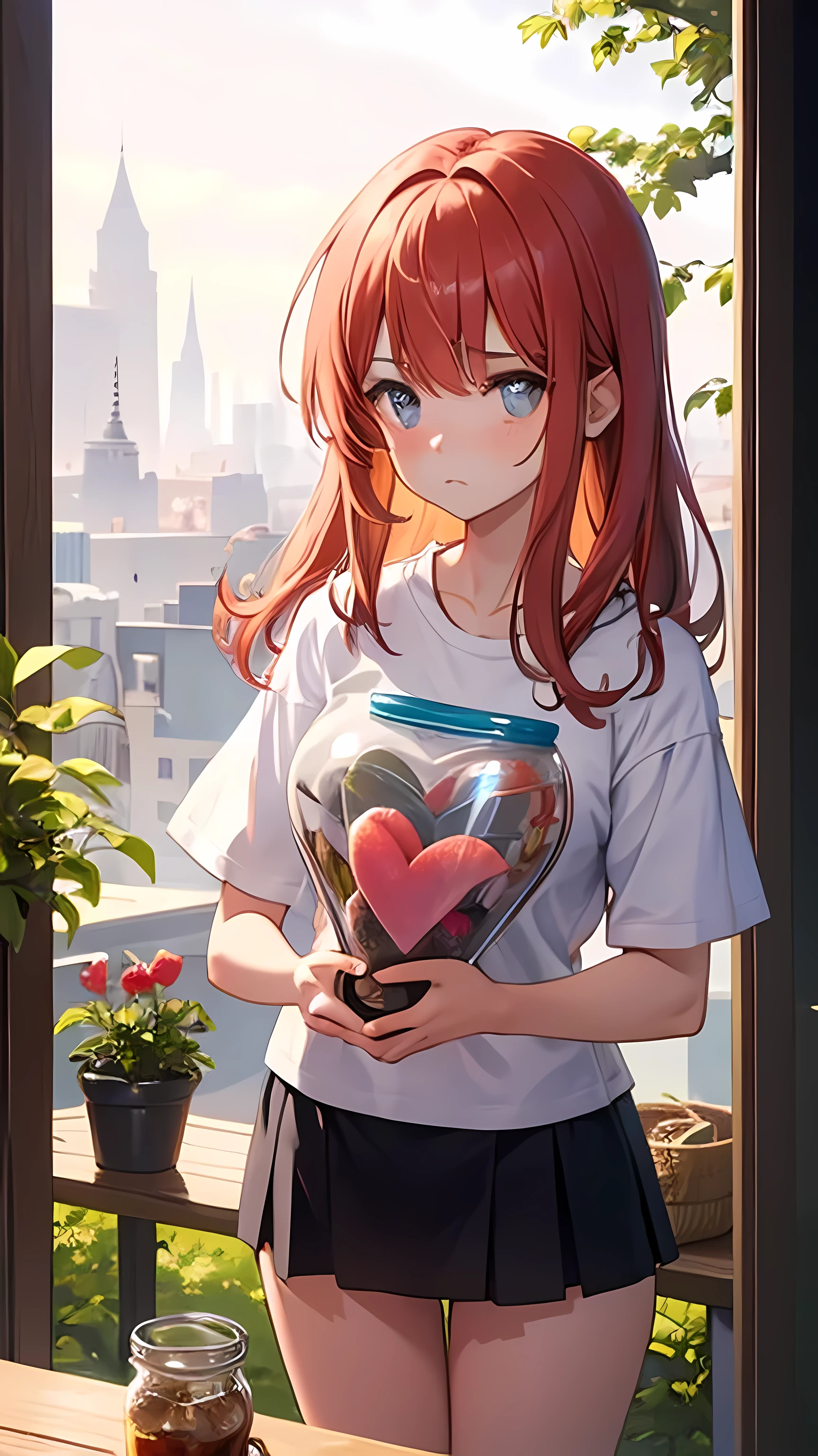 Girl, sad face, looking jar of heart, herat inside the jar, looking closer