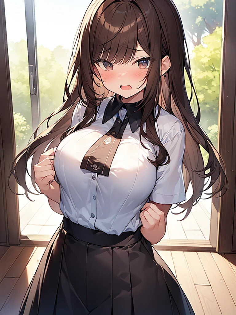 (Masterpiece, Top quality: 1.5), (1 girl, solo :1.2), (large breasts:1.4), (covering breasts by hands:1.4), (cute design short-sleeved shirt, midi skirt:1.4), standard weight, (brown hair:1.4), (airy hair, wavy hair:1.3), long hair ,asymmetry bangs, swept bangs, 12 year old, angry:1.3, (flustered:1.3), beautiful scene of living room, dynamic pose, magnificent panorama view, wet:1.1, open mouth