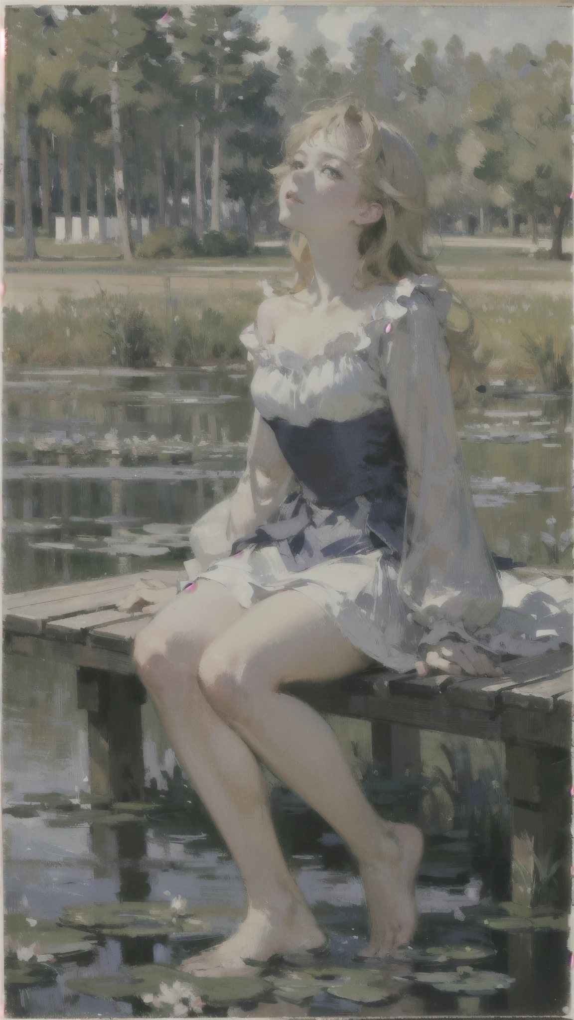 (masterpiece、Highest quality:1.2)、Close-up shot、1 female、Sitting on the pier、(Dip your feet in the pond:1.1)、barefoot、ankle、Moderate bust、Blonde、Long Hair、Look Up、pastel colour、Post-Impressionism、oil、(Monet style)、