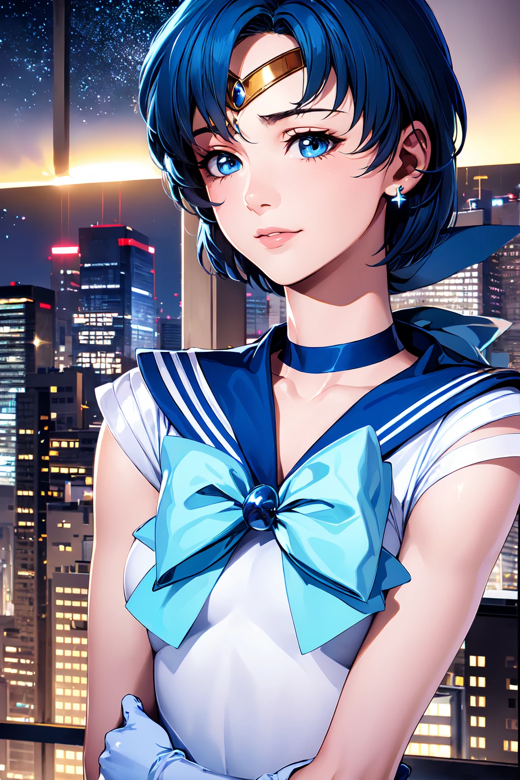 (alone, One girl), (Absurd, High resolution, formula wallpaper, Poster), (masterpiece, Highest quality:1.2), (figure, Realistic), (Perfect detail, Most detailed, Very detailed), Dramatic Light, Ami Mizuno, (Sailor Mercury, Neck ribbon, Blue Hair, short hair, Circlet, jewelry, Crescent-shaped earrings), (city, Starry Sky), (Captivating smile, blush, Are standing), whole body, Hands on hips