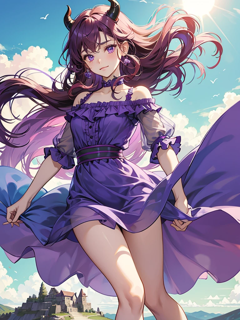 Beautiful, decent demon girl, 18 years, with little purple horns, curly raspberry hair, turquoise eyes, she winks and dances, stands on top of a mountain, Sun, the weather is almost cloudless, modest purple chiffon knee length dress, windy, shy.