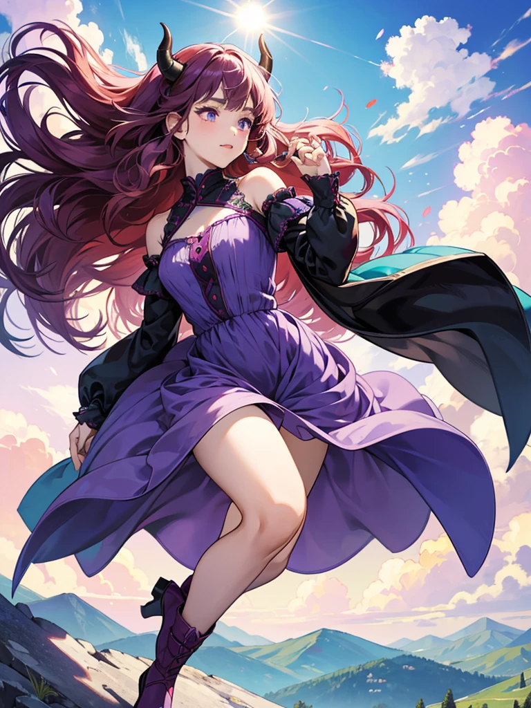 Beautiful, decent demon girl, 18 years, with little purple horns, curly raspberry hair, turquoise eyes, she winks and dances, stands on top of a mountain, Sun, the weather is almost cloudless, modest purple chiffon knee length dress, windy, shy.