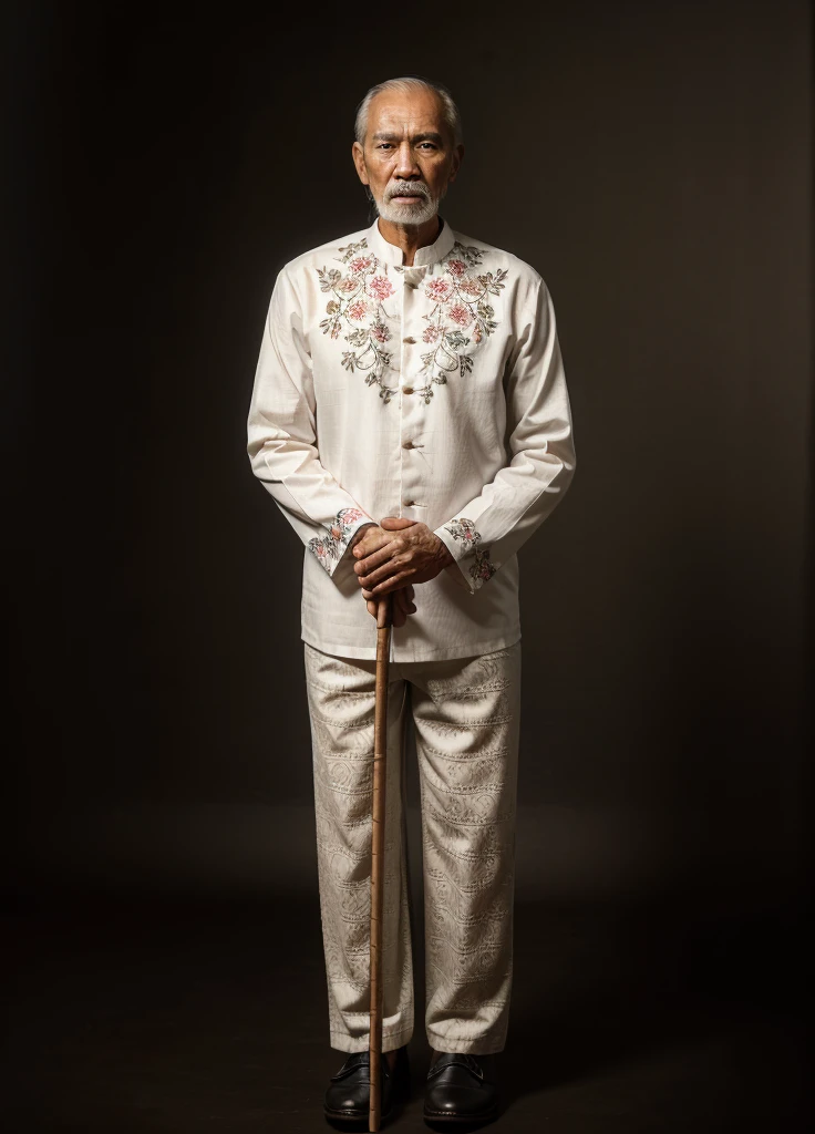 high quality, best quality, photo-realistic, raw-photo, ultra-detailed, High definition, masterpiece, intricate details, detailed texture, finely detailed, portrait of an old man from Indonesia holding a stick, all hair is white, tall body posture, wearing a white long-sleeved shirt with floral patterned trousers, standing pose with black loafers, the background is a black curtain