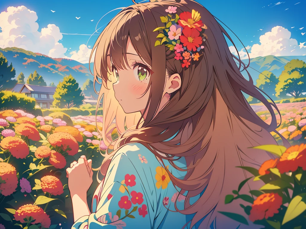 kawaii, anime, Cute, hyper quality, highly detailed, 8k, Clarity, Draw facial expressions in detail, A girl with long dark brown hair and green eyes is crying, pink achillea flower, look up at the sky, Inciting point of view, sky is high, daytime, Seven white birds circle in the sky, Achillea flower garden, back view, whole body,