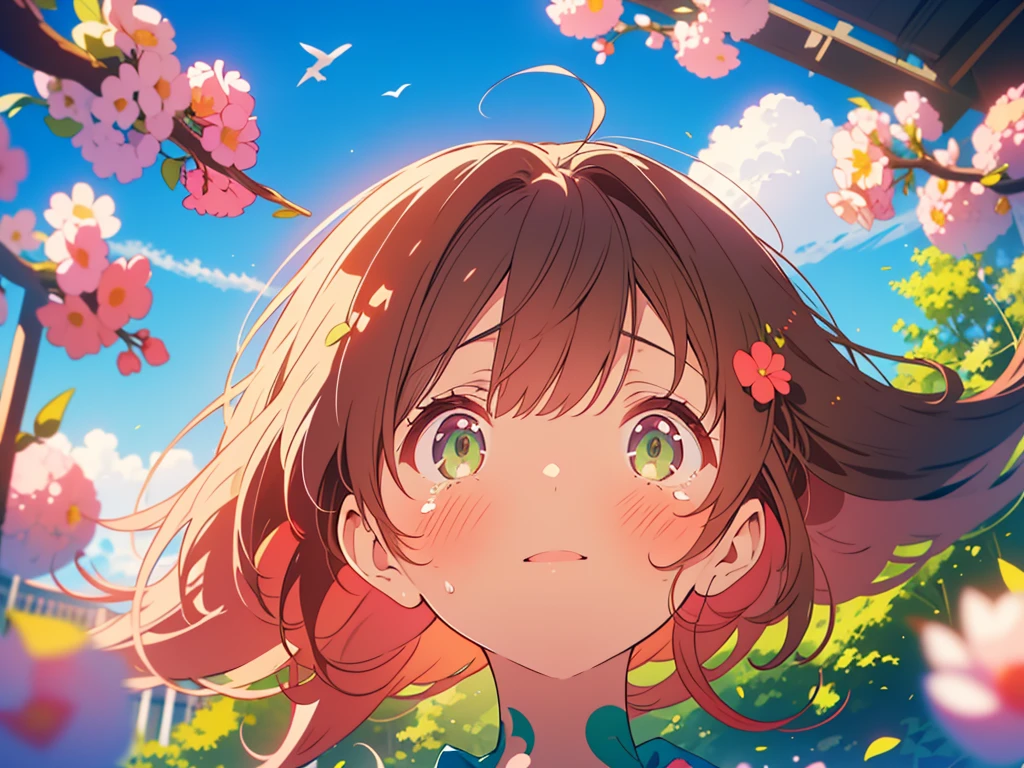 kawaii, anime, Cute, hyper quality, highly detailed, 8k, Clarity, Draw facial expressions in detail, A girl with long dark brown hair and green eyes is crying, pink achillea flower, look up at the sky, Inciting point of view, sky is high, daytime, Seven white birds circle in the sky, Achillea flower garden, back view, whole body,