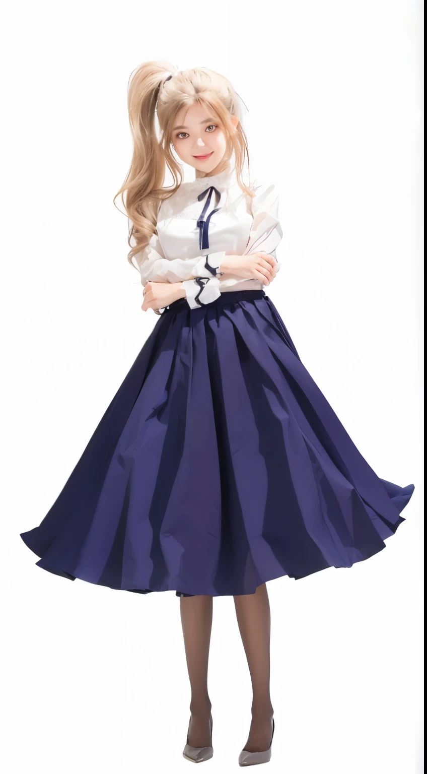 White blouse,Navy blue long skirt,black tights,Long Ponytail,Dark Brown Hair,Brown eyes,Gentle smile,photograph,Highest quality,Best details