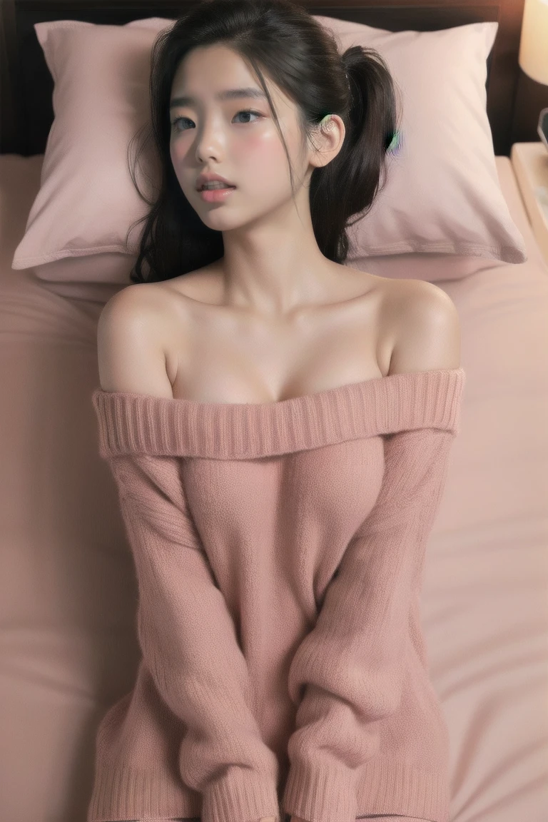 Sexy Woman, Open your mouth, Very deep blush, Red nose tip, Long neck, Off-shoulder pink sweater, Mid-chest, Visible Cracks, Bedroom, Warm lighting , Lying in bed, Put your head on the pillow, look up 