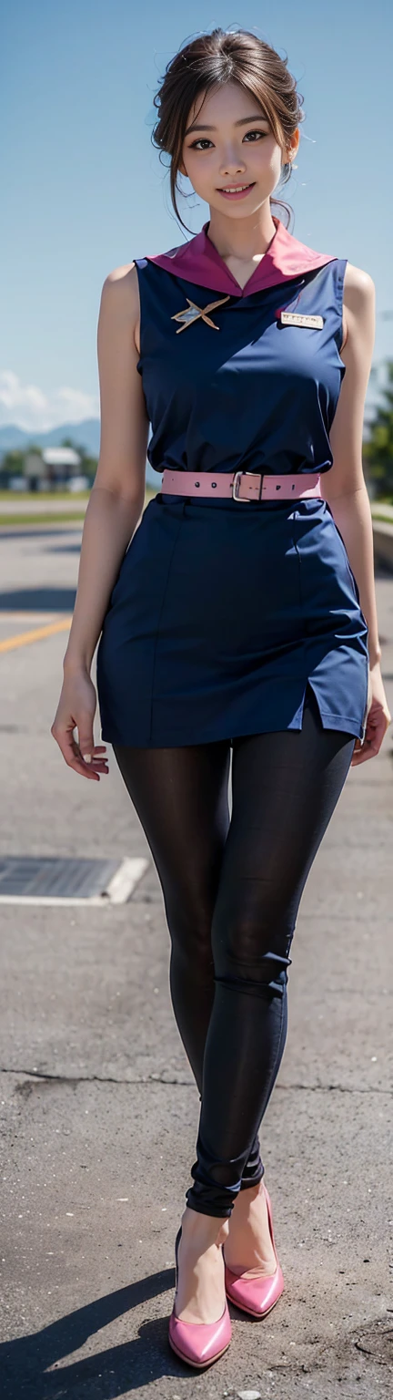 Highest quality, masterpiece, Ultra-high resolution,8k, (Realistic:1.6), Ultra-high resolution, Ultra-realistic, (whole body), （Gorgeous young girl, Tight waist）,（Japanese beauty model:1.1） (skinny:1.6), Thin legs, ((Navy blue&Wearing pink international flight stewardess uniform)),（(Sleeveless summer uniform))、exy太もも、スレンダーsexy美女、（Brown short hair ）, 珰, , The background is the cabin、((A lovely smile that&#39;s a little shy))、（sexy、Attractive big eyes）、Bold Pose