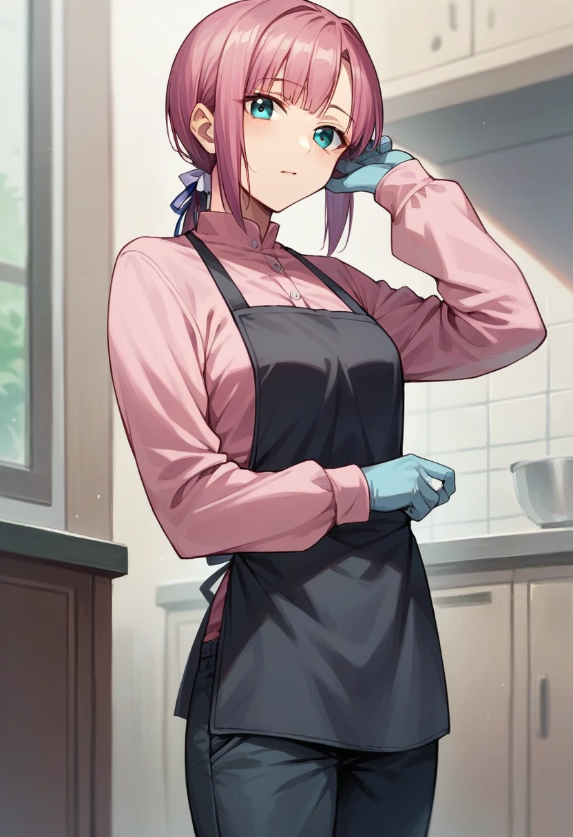 1girl, makinami mari illustrious, ((blue half elbow gloves)), (pink shirt), ((long sleeves)), (black apron), (pants), looking at viewer, standing, solo