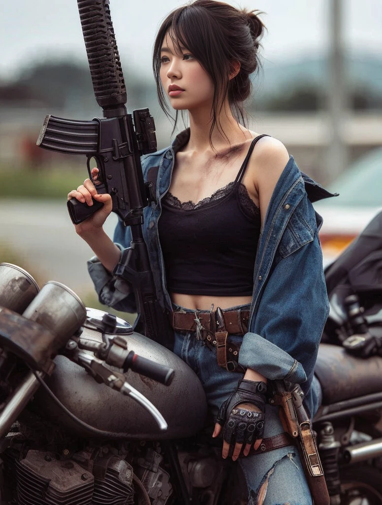 8k,Realistic Photo、Realistic Skin Texture、Superrealism、Japanese women living in America、Loading luggage onto a worn-out bike、Carrying a rifle on his shoulder