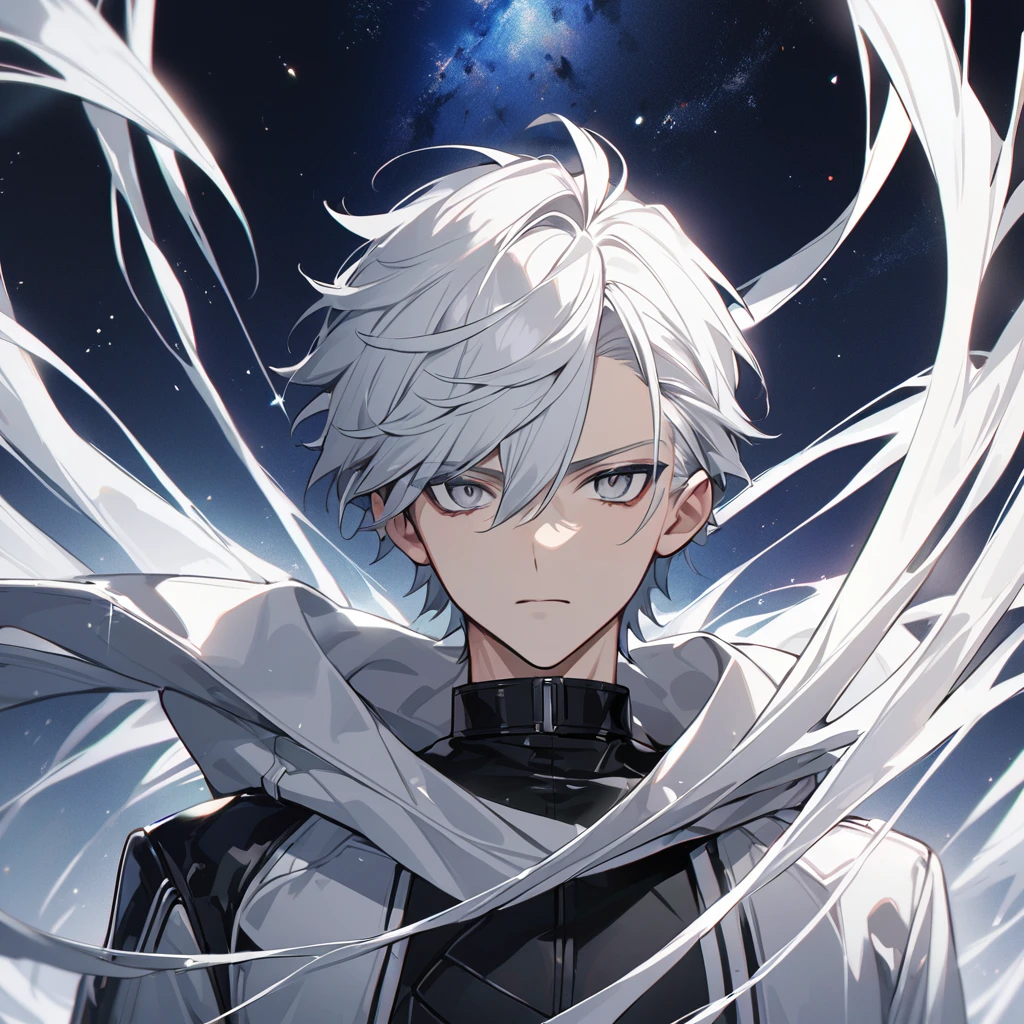 High quality, HD, 4k, no shadows, handsome male, 1male, , teenager, shwhite hair, silver hair, white hair, sharp eyes, grey colored eyes, deep grey eyes, grey eyes, devil may cry, close up, calm expression, stoic expression, black leather clothes, white leather clothing, lean body, well trained body, upper body, looking at viewer, cowboy shot, white solar, space background