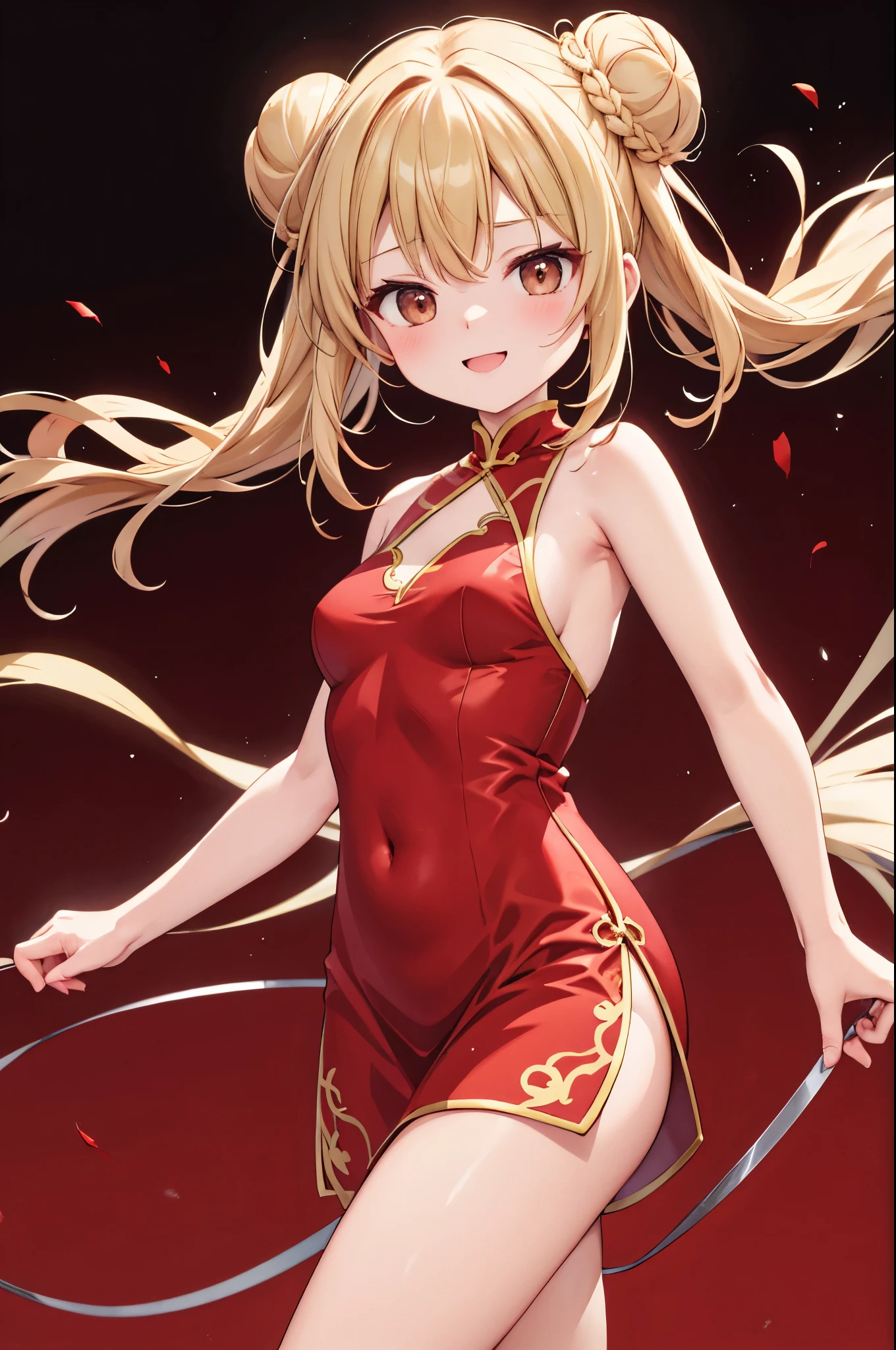high resolution,smile,woman,woman1人,adult,cute, Medium Hair, Blonde Hair,Two buns,BREAK,Brown eyes, Red sleeveless cheongsam,BREAK,Facing forward,BREAK,Background white,
