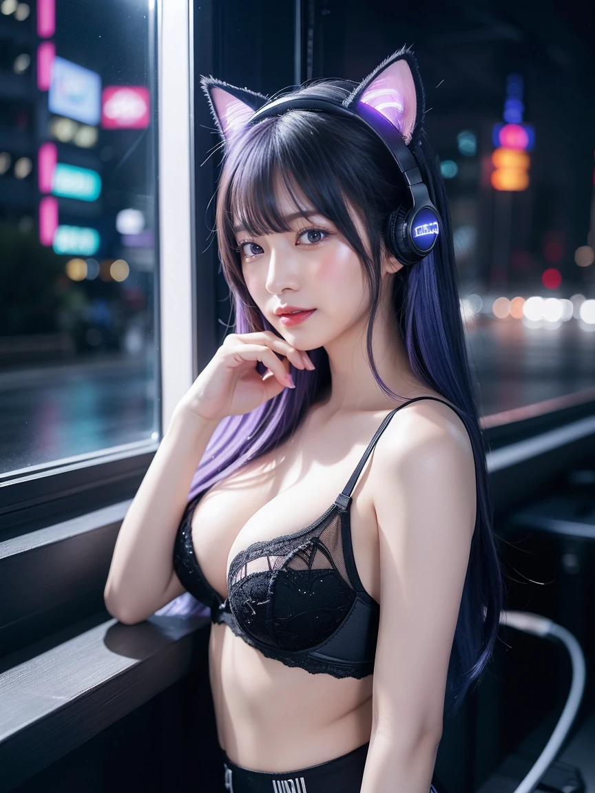 最high quality, masterpiece, 32K、Very detailed、Realistic、1 girl, Japanese women、Cute Face, (photo Actual:1.3),Bob Hair(Blue-violet hair color、Amazing blue and purple hairstyles)、Edge lighting, (Skin with attention to detail:1.2), 8k超High resolution, Single-lens reflex camera, high quality, High resolution, 4K, 8k, Optimal ratio of four fingers to one thumb, (Actual:1.3), cute 1 girl, Realistic、Super Realistic、32K、Very detailed、masterpiece, 最high quality, beautiful girl, beauty、Mecha, Beautiful lighting, (Neon Light:1.2), (night:1.5), K-Pop Idol Costumes、Grey Calvin Klein bra、Shorts、Large Breasts(big 、There is a valley)、Cat ears microphone headphones(Headphones Gaming Headgear with Mic、Head Fan)、Are standing、Cyber Neon、Future City、Skyscraper、都会のnight、Shanghai、big cities、night景、綺麗なnight景