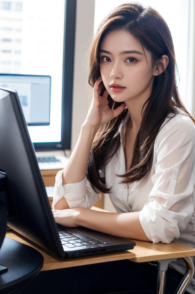 (Masterpiece, best quality), a woman in her mid-30s, wearing office clothes, sitting at her office desk, working on her computer, detailed facial features, beautiful eyes, elegant hairstyle, professional office environment, warm lighting, photorealistic, 8k, hyperdetailed