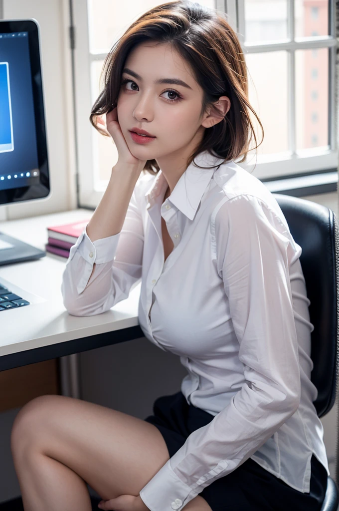 (Masterpiece, best quality), a woman in her mid-30s, wearing office clothes, sitting at her office desk, working on her computer, detailed facial features, beautiful eyes, elegant hairstyle, professional office environment, warm lighting, photorealistic, 8k, hyperdetailed