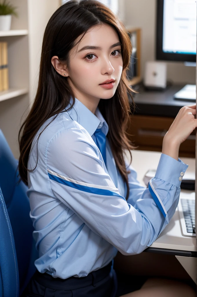(Masterpiece, best quality), a woman in her mid-30s, wearing office clothes, sitting at her office desk, working on her computer, detailed facial features, beautiful eyes, elegant hairstyle, professional office environment, warm lighting, photorealistic, 8k, hyperdetailed