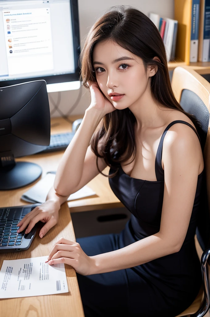(Masterpiece, best quality), a woman in her mid-30s, wearing office clothes, sitting at her office desk, working on her computer, detailed facial features, beautiful eyes, elegant hairstyle, professional office environment, warm lighting, photorealistic, 8k, hyperdetailed