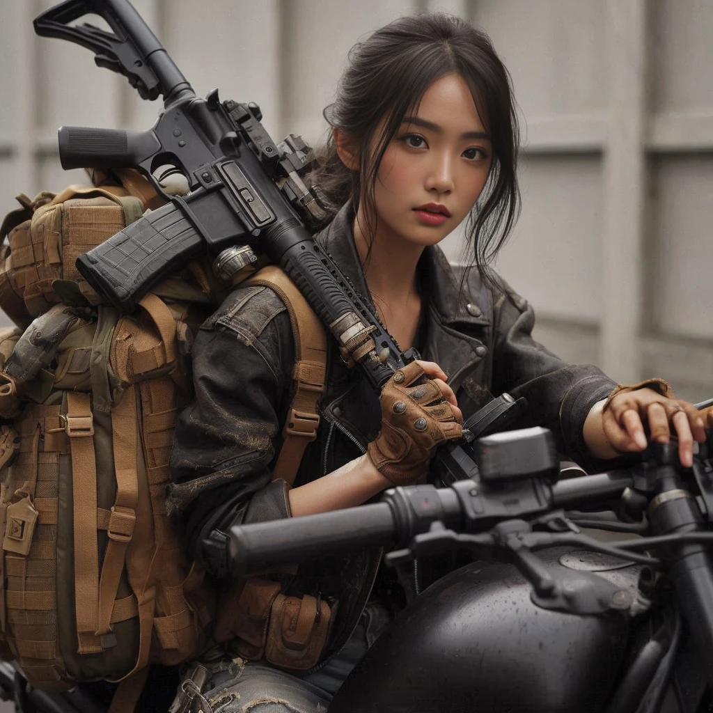 8k,Realistic Photo、Realistic Skin Texture、Superrealism、Japanese women living in America、Loading luggage onto a worn-out bike、Carrying a rifle on his shoulder