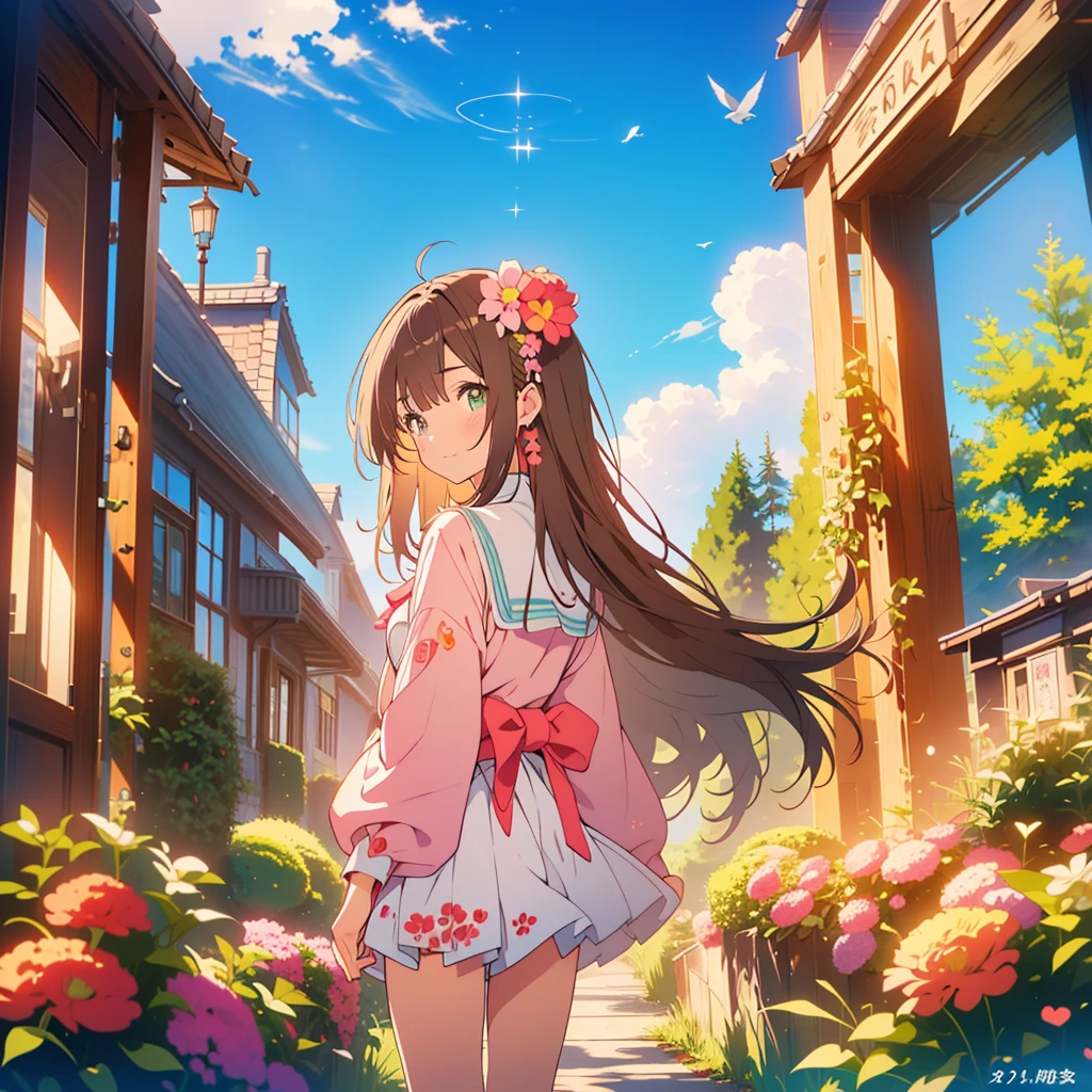 kawaii, anime, Cute, hyper quality, highly detailed, 8k, Clarity, Draw facial expressions in detail, A girl with long dark brown hair and green eyes is crying, pink achillea flower, look up at the sky, Inciting point of view, sky is high, daytime, Seven white birds circle in the sky, Achillea flower garden, back view, whole body, 