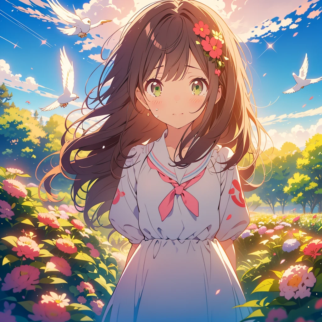 kawaii, anime, Cute, hyper quality, highly detailed, 8k, Clarity, Draw facial expressions in detail, A girl with long dark brown hair and green eyes is crying, pink achillea flower, look up at the sky, Inciting point of view, sky is high, daytime, Seven white birds circle in the sky, Achillea flower garden, back view, whole body, 