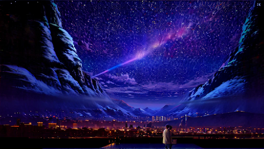 Octane, null, star (null), scenery, starry null, night, One Girl, night null, alone, Outdoor, building, cloud, milky way, Sitting, wood, Long Hair, city, silhouette, cityscape