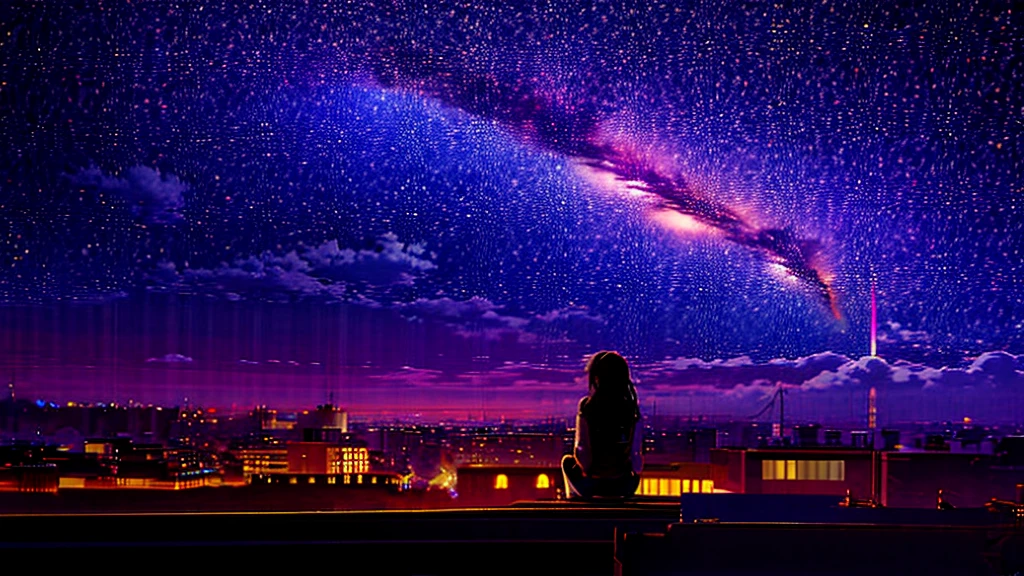 Octane, null, star (null), scenery, starry null, night, One Girl, night null, alone, Outdoor, building, cloud, milky way, Sitting, wood, Long Hair, city, silhouette, cityscape