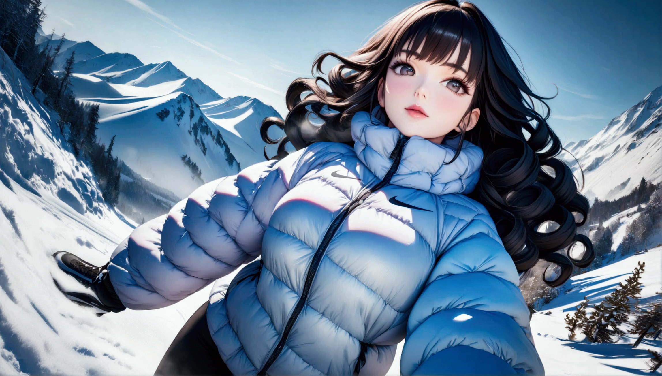 (top-quality, 8k, Masterpiece artwork: 1.3) A photo of a woman with curly black hair, in a dynamic heeled pose, wearing a Nike outfit, in a snowy ski resort during winter, taken with a wide-angle lens, detailed and highly detailed skin, bright lighting of reflected snow