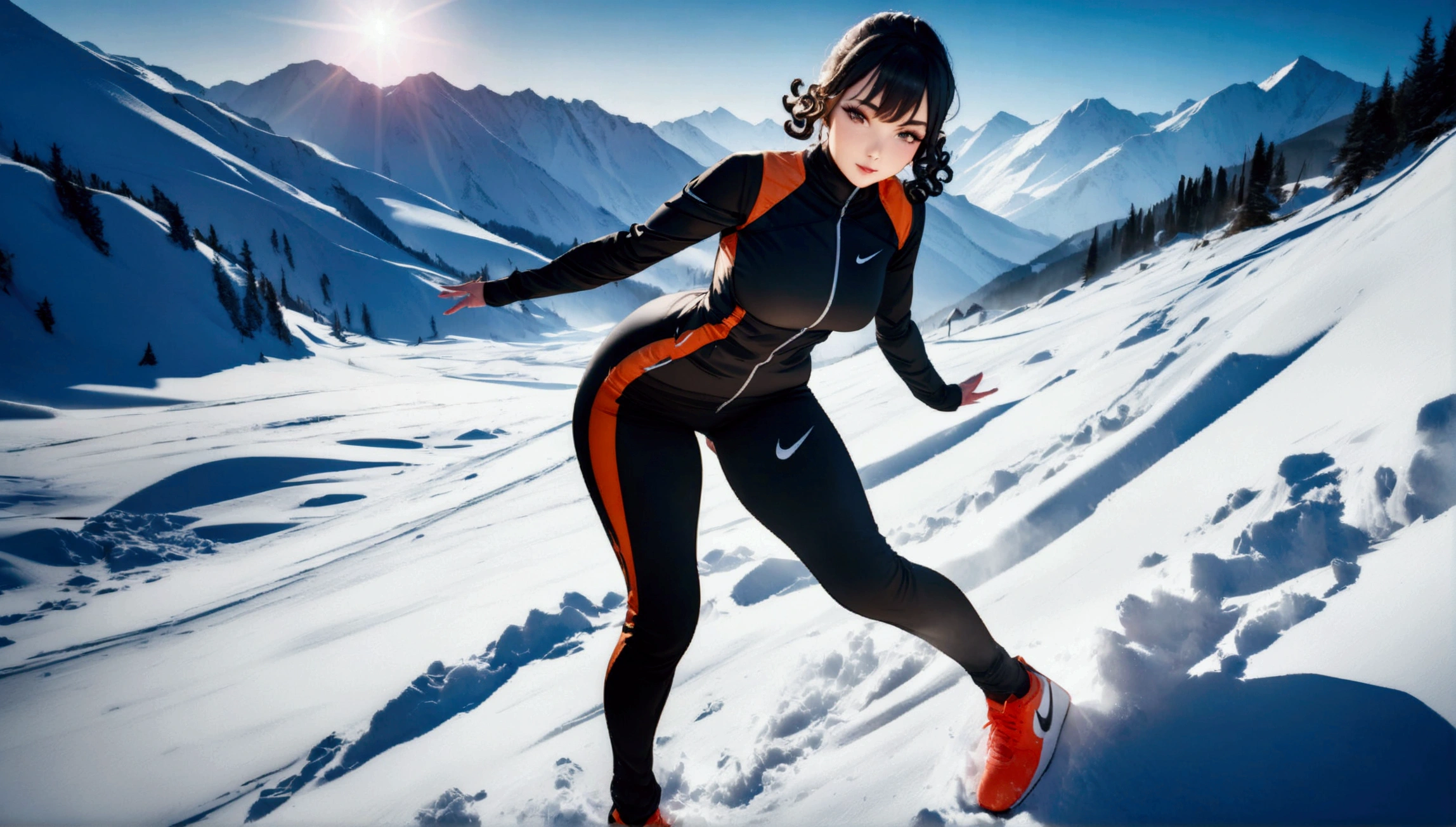 (top-quality, 8k, Masterpiece artwork: 1.3) A photo of a woman with curly black hair, in a dynamic heeled pose, wearing a Nike outfit, in a snowy ski resort during winter, taken with a wide-angle lens, detailed and highly detailed skin, bright lighting of reflected snow