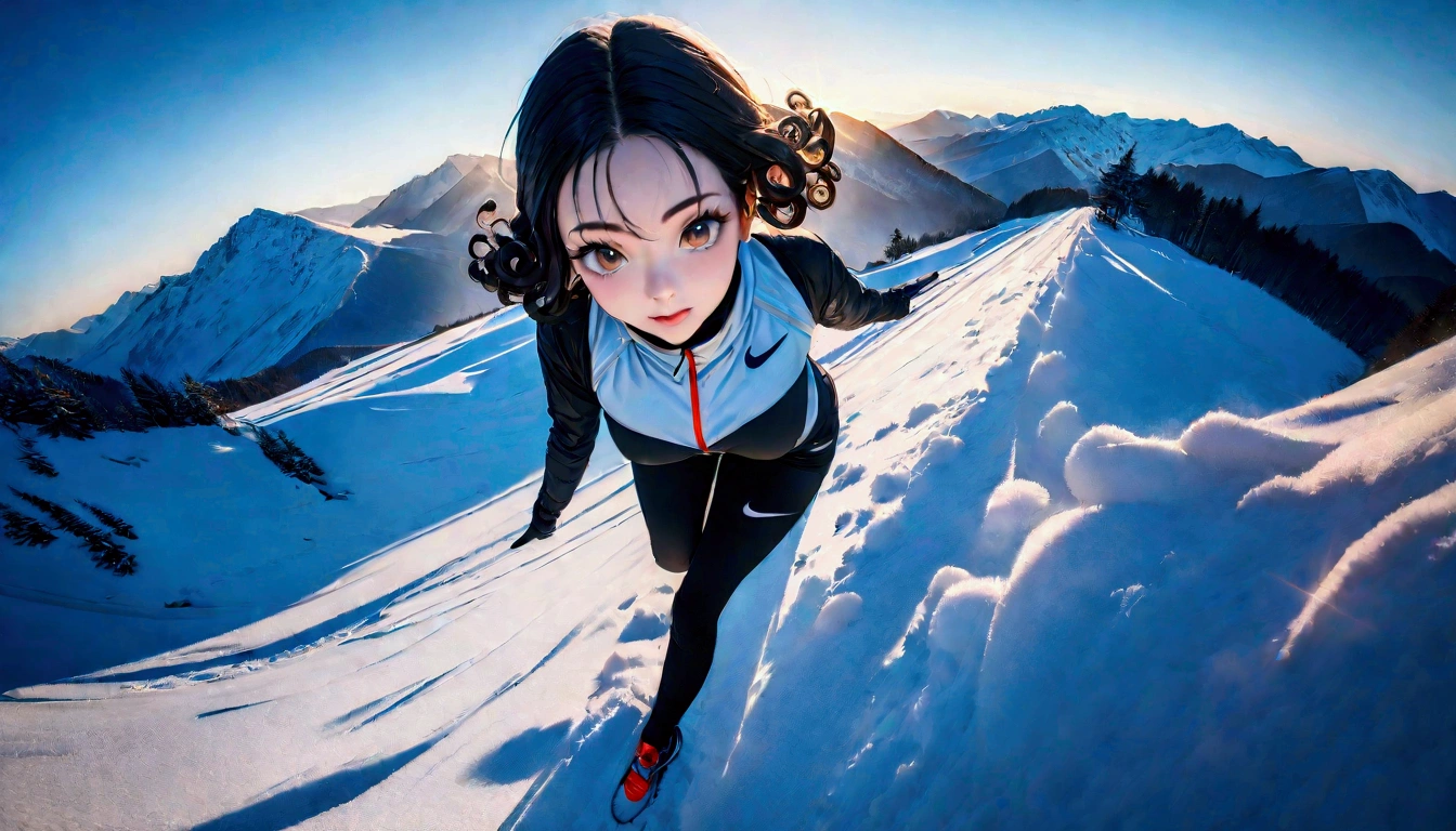 (top-quality, 8k, Masterpiece artwork: 1.3) A photo of a woman with curly black hair, in a dynamic heeled pose, wearing a Nike outfit, in a snowy ski resort during winter, taken with a wide-angle lens, detailed and highly detailed skin, bright lighting of reflected snow