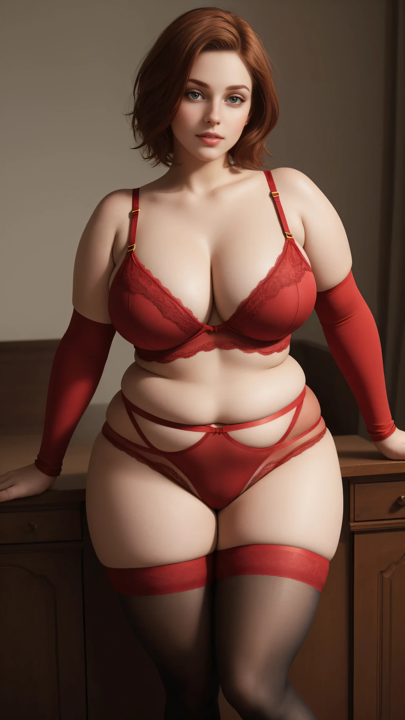 masterpiece, (photorealistic), (8k wallpaper) , (best quality), perfect quality, solo, (detailed eyes:0.9), girl, red short curvy hair, very young, face : (very young, European, very beautiful face, plump face, young). figure : (very full figure, curvy, plump, very chubby, navel, very soft, very thick,  big breasts, sexy, sexy pose, fat thighs). clothes: (tight red lingerie, red tights).