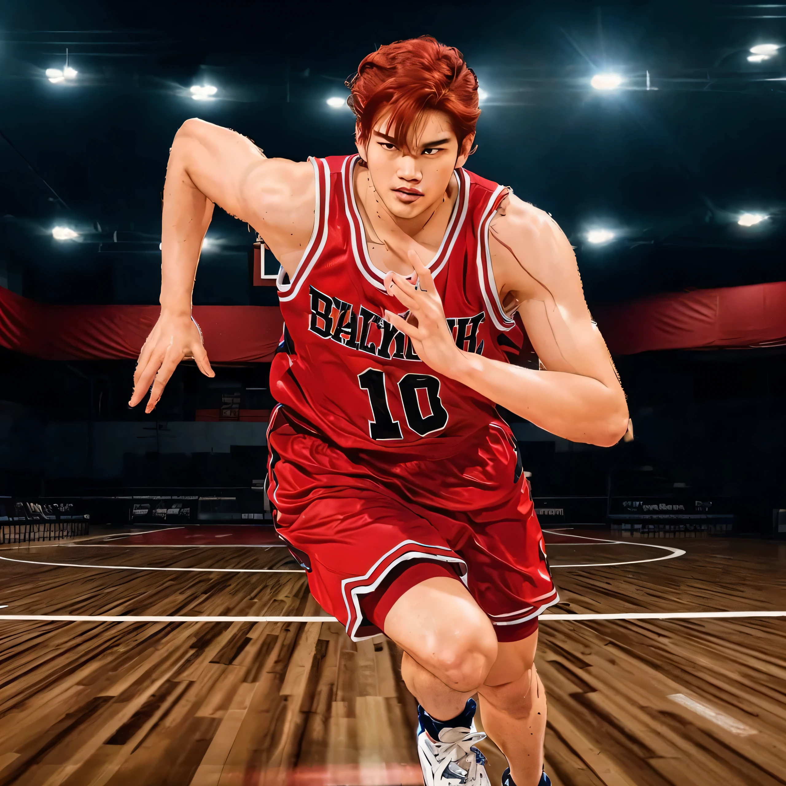 asian man, wavy red hair, basket ball shirt, basket ball court, running, clean