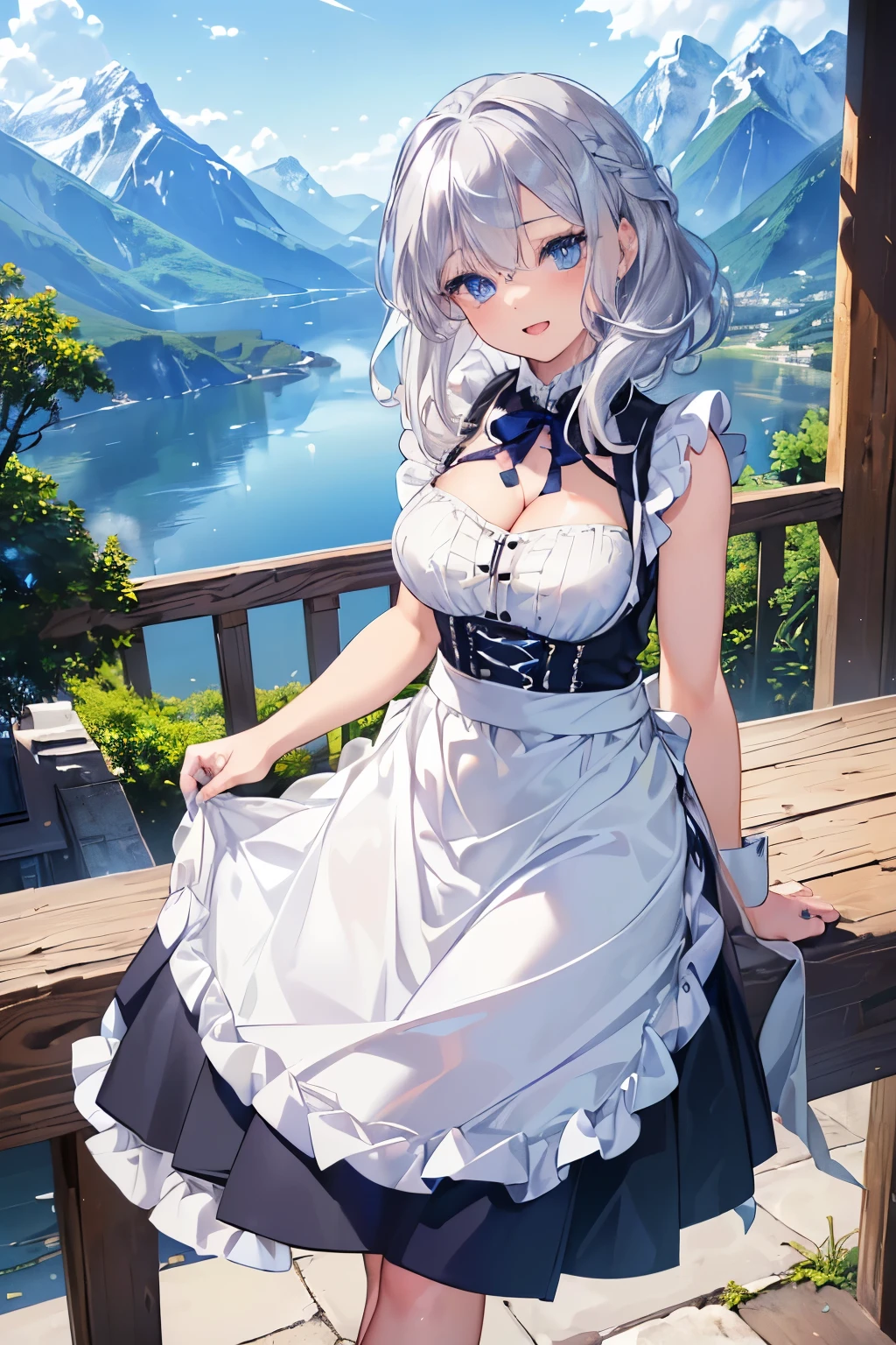(Best quality,4K,8K,High resolution,Masterpiece:1.2),Super detailed,(Actual, Realistic),
break,
((Beautiful clear blue eyes:1.2)),very kind eyes,eyes wide open,beautiful eyelashes,beautiful lower eyelashes,
break,
((Beautiful and shiny silver hair:1.3)),A dazzling smile, a bursting smile, an open mouth laugh,
break,
((A bodice that opens in the front and is tightened with a short, sleeveless string that emphasizes the chest, a blouse with a deep neckline, a skirt that covers the ankles, and a brightly colored half-apron apron:1.3)),
break,
very happily,((bust shot)),zoom in,((Alps in the background:1.3))