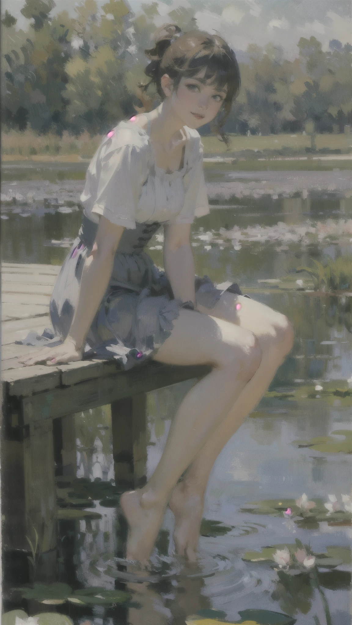 (masterpiece、Highest quality:1.2)、Close-up shot、1 female、Sitting on the pier、(Dip your feet in the pond:1.1)、barefoot、ankle、Moderate bust、Look Up、pastel colour、Post-Impressionism、oil、(Monet style)、