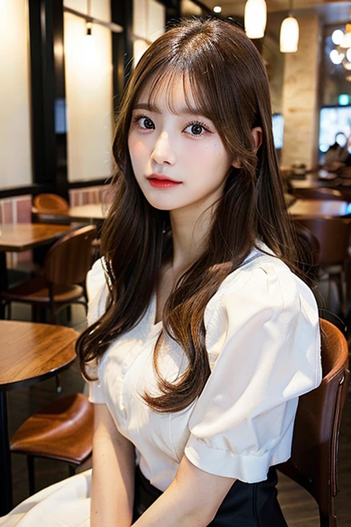 ((Highest quality)), ((masterpiece)), (detailed), One Girl, Long brown hair、Sitting in a fashionable café、White shirt dress、Looking into the camera、Looking into the camera、Serious face、Beautiful Face、Perfect Face、Model body type、