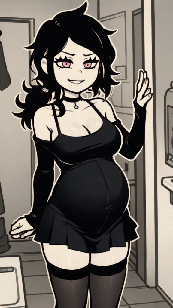 ashleyvk, 1girl, solo, black hair, medium breasts, choker, long hair, anime coloring, bare shoulders, mini skirt, smile, pregnant, huge belly