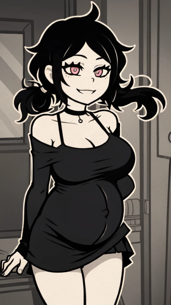ashleyvk, 1girl, solo, black hair, medium breasts, choker, long hair, anime coloring, bare shoulders, mini skirt, smile, pregnant, huge belly