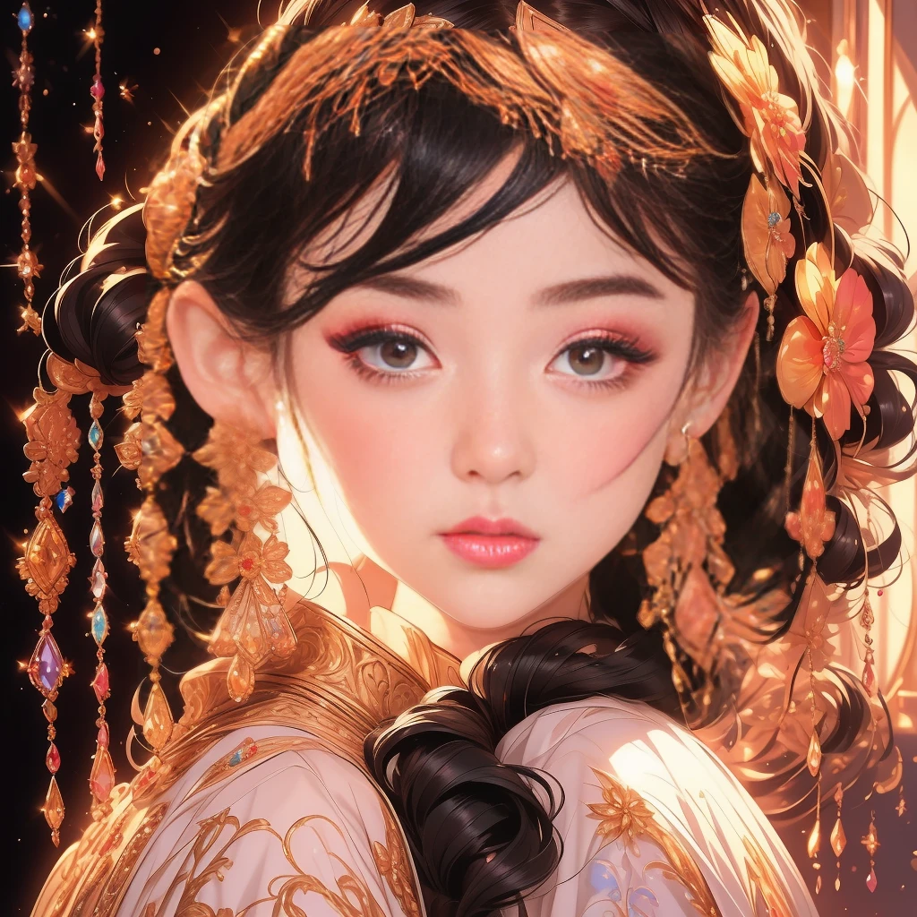 best quality, (lifelike:1.2), 1 girl, alone, Detailed face, Face focus, Permanently installed, black hair,(hair accessories:1.35),bow sleeves, Detached sleeves, Ribbon decoration, wide sleeves, (looking at the audience:1.5) long hair, black eyes, Bangs, lips,