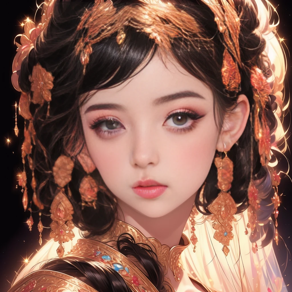 best quality, (lifelike:1.2), 1 girl, alone, Detailed face, Face focus, Permanently installed, black hair,(hair accessories:1.35),bow sleeves, Detached sleeves, Ribbon decoration, wide sleeves, (looking at the audience:1.5) long hair, black eyes, Bangs, lips,