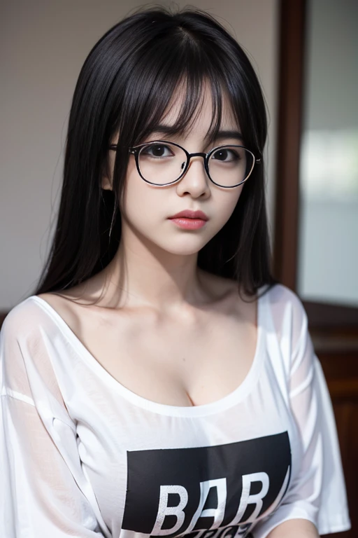 ((Melancholic expression))、((Sad face))、((Angry face))、((Crying face))、(Long black hair)、(Parting the bangs)、((Wearing glasses))、****************, (Thin eyebrows), ((Oversized T-shirt)), Grey T-shirt,( Wet T-shirt), (Huge breasts), ((avert your eyes)), Symmetrical eyes, Upper Body, Washroom, Wet clothes, ((Cleavage))