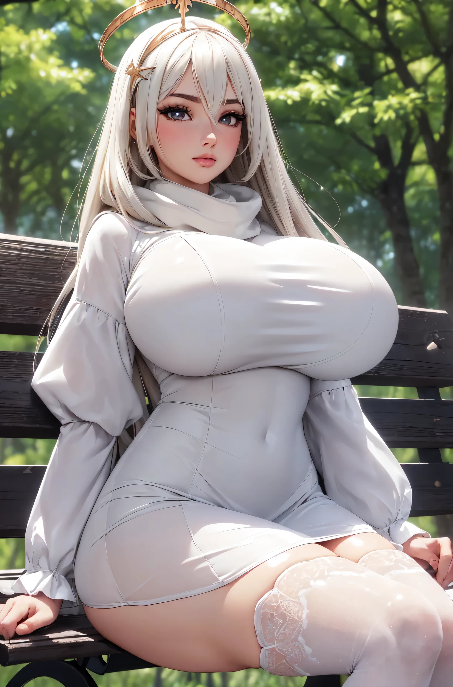 (ultra realistic,32k,RAW photo:1.1),(high detailed skin:1.1), 8k uhd, dslr, high quality, film grain, (makeup, mascara:1.1), lips,(thick\lips\), 
(shiny glossy translucent clothing:1.1), paimon gi, white thighhighs, blush, dress, single thighhigh, white dress, scarf, thighhighs, halo, long sleeves, solo, 1girl, hair between eyes, huge breast, 
(looking at viewer, standing from below:1.1),, 
 (busty:1.1) ,  (chubby:0.1),(ambient lighting:1.1),dark theme, park bench, shaded spot, scenic view, relaxation