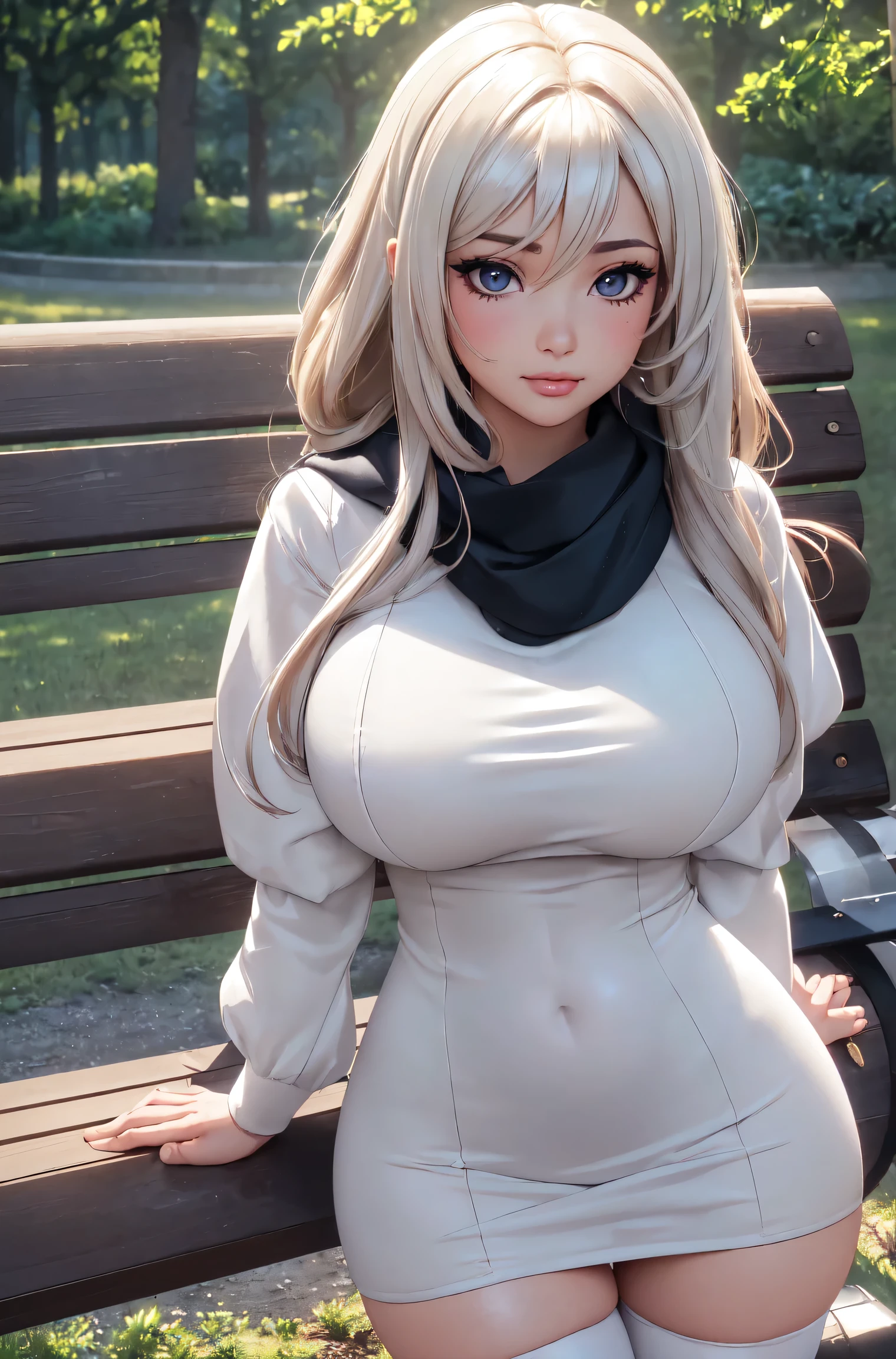 (ultra realistic,32k,RAW photo:1.1),(high detailed skin:1.1), 8k uhd, dslr, high quality, film grain, (makeup, mascara:1.1), lips,(thick\lips\), 
(shiny glossy translucent clothing:1.1), paimon gi, white thighhighs, blush, dress, single thighhigh, white dress, scarf, thighhighs, halo, long sleeves, solo, 1girl, hair between eyes, huge breast, 
(looking at viewer, standing from below:1.1),, 
 (busty:1.1) ,  (chubby:0.1),(ambient lighting:1.1),dark theme, park bench, shaded spot, scenic view, relaxation