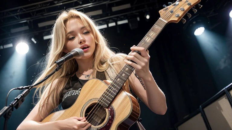 a blonde woman ( @micaela), with a guitar in hand.
in a live show,
on a lit stage,
and large audience.