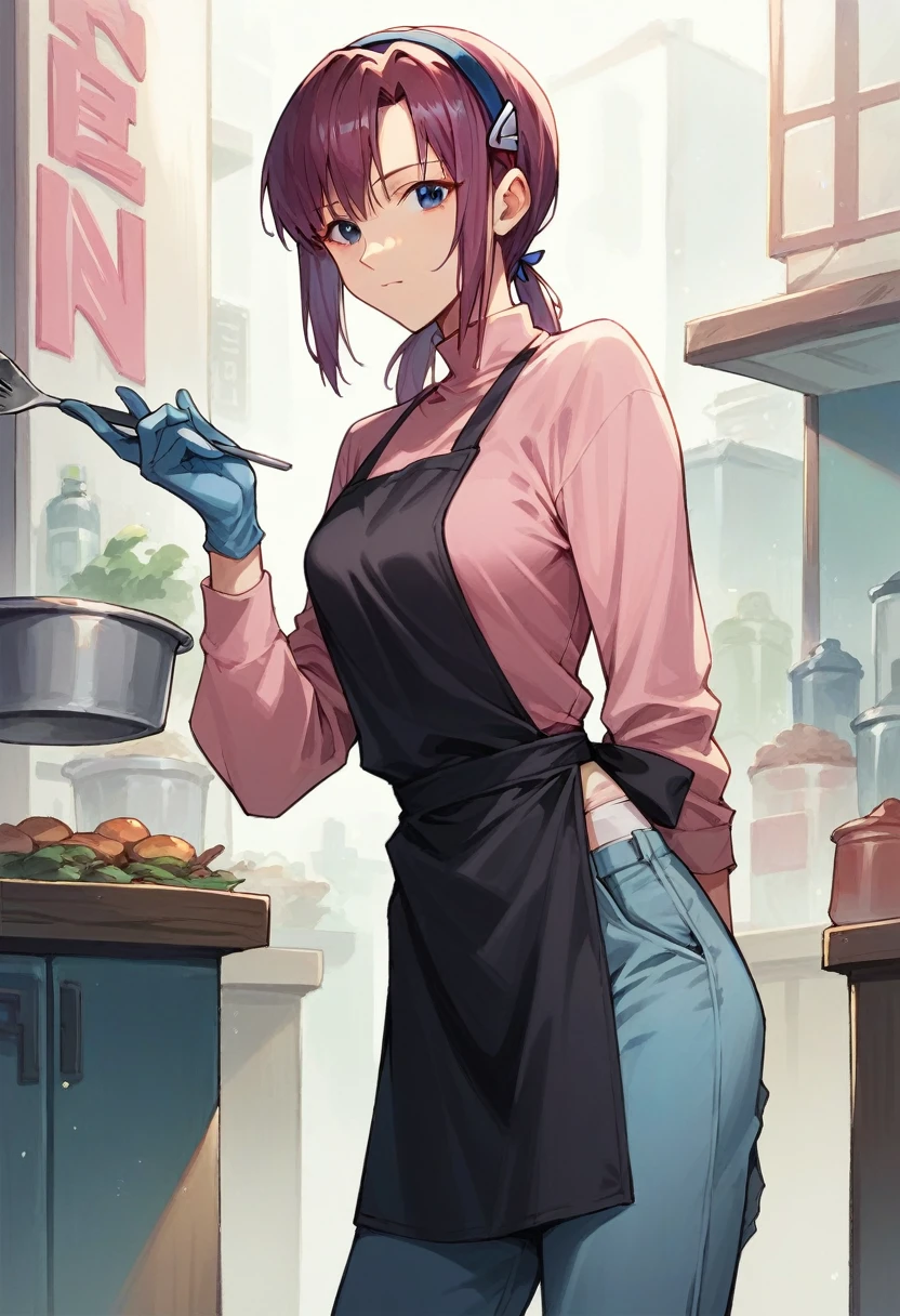 1girl, makinami mari illustrious, neon genesis evangelion, ((blue half elbow gloves)), (pink shirt), ((long sleeves)), (black apron), (pants), looking at viewer, standing, solo