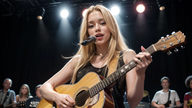 a blonde woman ( @micaela), with a guitar in hand.
in a live show,
on a lit stage,
and large audience.
